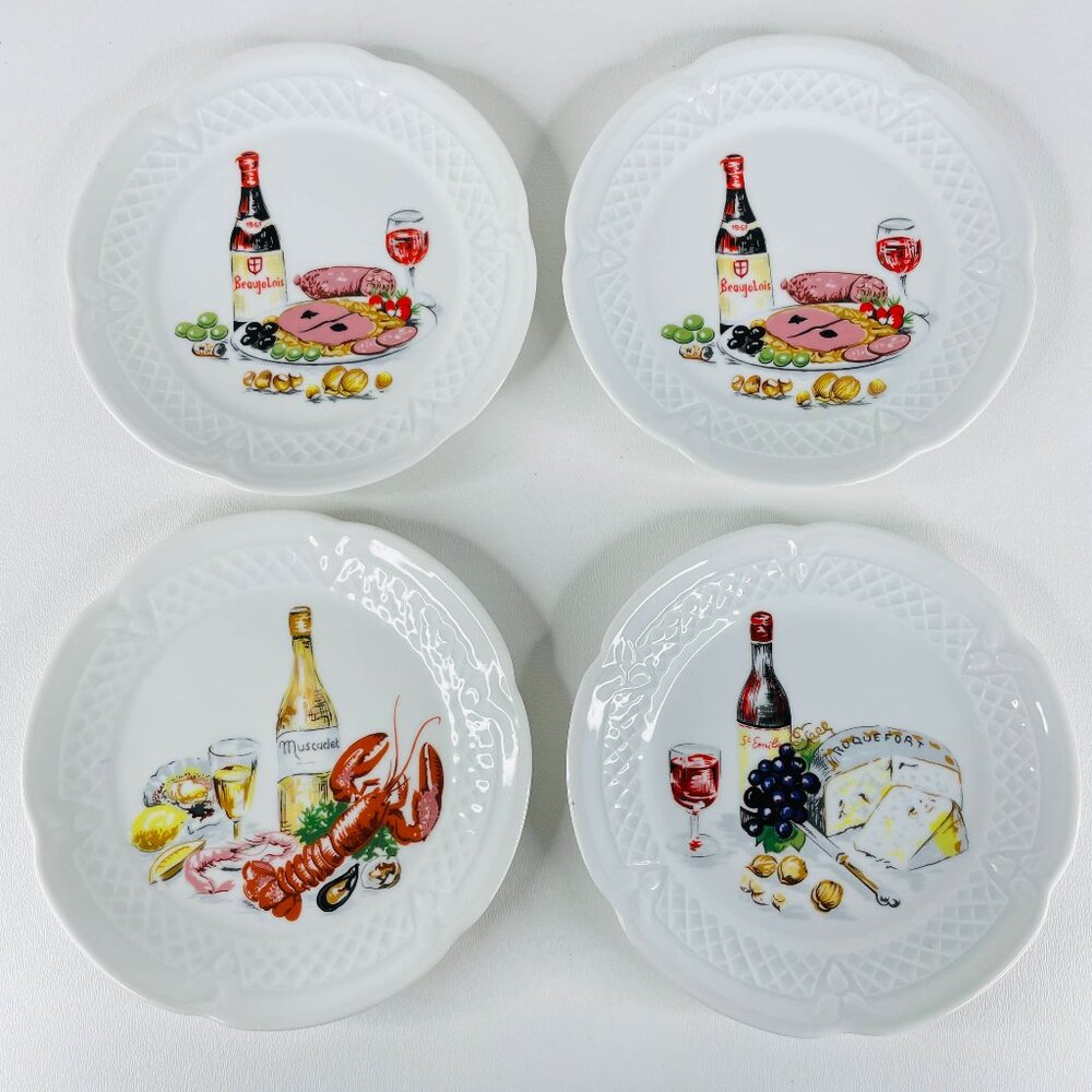 4 Vtg Louis Lourioux Wine and Cheese Porcelain Berry Haute Plates France 5-5/8"